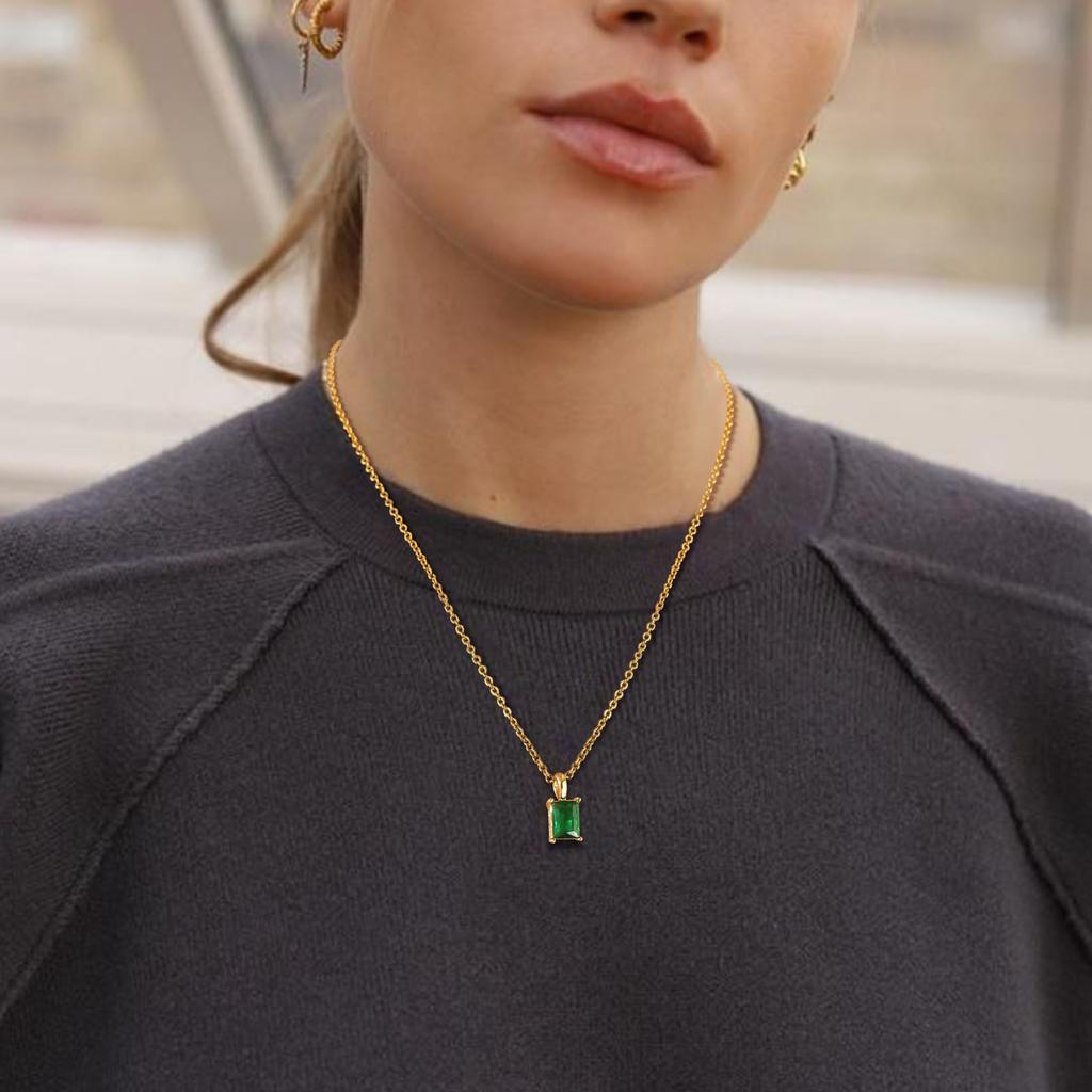 Chic Rectangular Shape CZ Stone Pendant For Women, Trendy Stainless Steel 4 Colors Cubic Zirconia Pendant Charm Chains Necklace