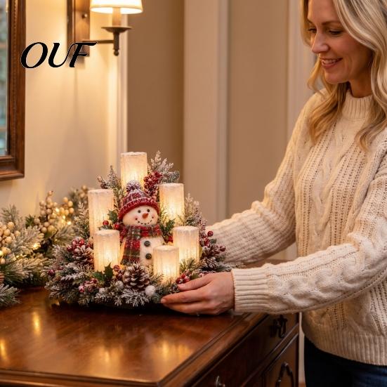 Holiday Gift for Her Christmas LED Candle Centerpiece with Artificial Cedar Pine Cones And Red Berries, Mantel Decorations Flameless Winter