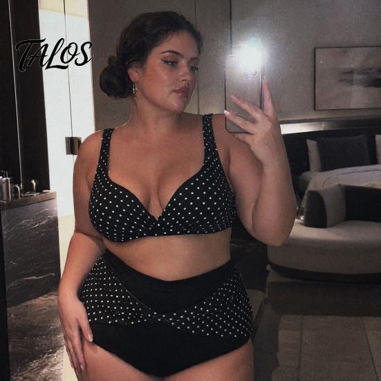 Vintage Style Swimsuit 2Pcs/Set Plus Size Bikini Set, Cross-Chest V-Neck Bra with Built-In Support, Photogenic Beach Outfit High-Waisted Twist