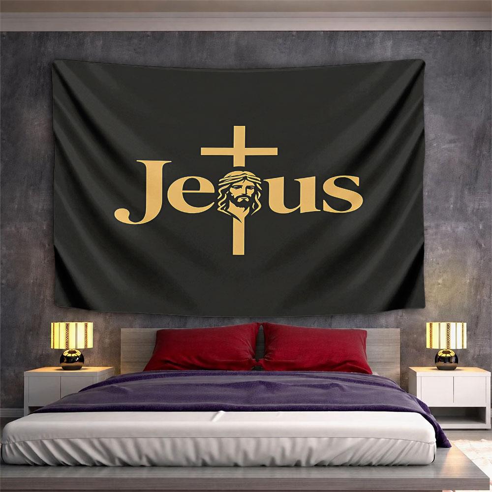 Jesus Gold Cross Tapestry Wall Hanging Religious Faith Decor for Bedroom Living Room Prayer Room Blessed Gift