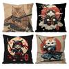 Japanese Style Samurai Cat Cushion Cover Pattern Printed Pillowcase for Living Room Sofa Cushion Cover & Bedroom Decor