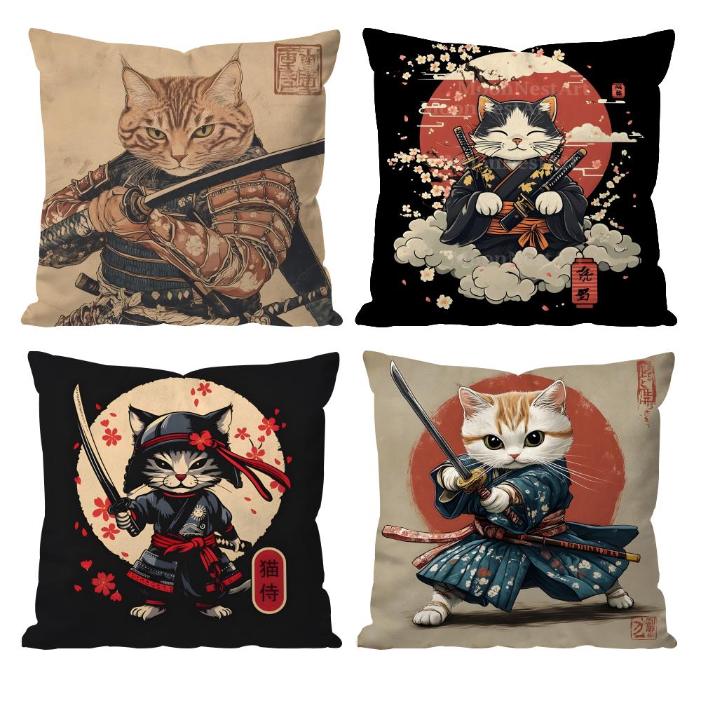 Japanese Style Samurai Cat Cushion Cover Pattern Printed Pillowcase for Living Room Sofa Cushion Cover & Bedroom Decor