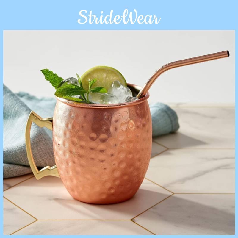 Rose Gold Cocktail Glass With Hammered Style And Stainless Steel Straw For Home Bar Decor