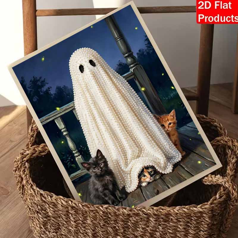 Halloween pearl painting handmade diy art white sheet cats night porch fireflies pearl home decoration painting