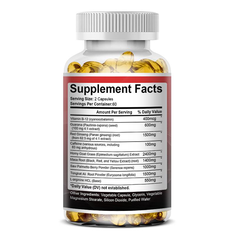 Soomiig Extreme Energy Complex Supplement with B12, Red Ginseng, Caffeine, Horny Goat Weed, Maca, Saw Palmetto, Tongkat Ali & L-Arginine, 120 Caps