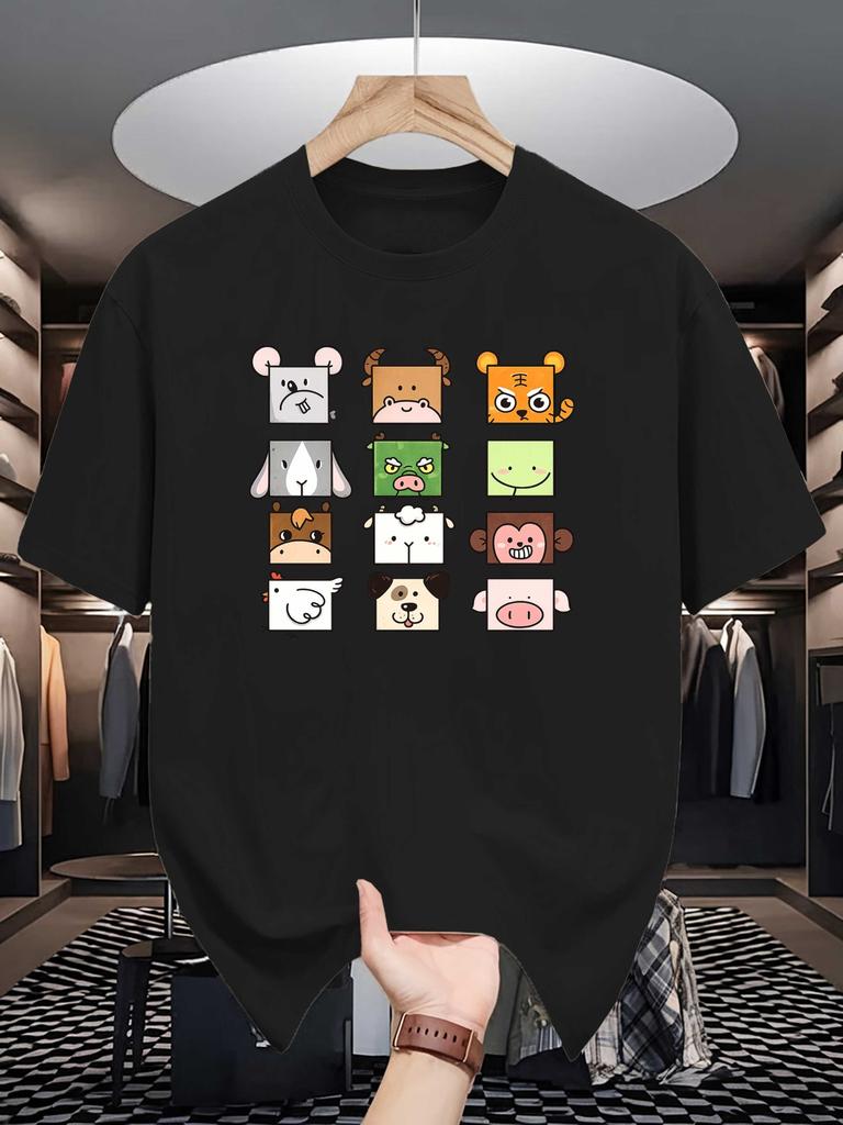 Chinese Zodiac Square Animal Cartoon Graphic Unisexs T Shirt Crew Neck Short Sleeve Tees Cultural Print Gift For Cute Animal Lovers