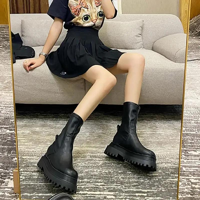 Fashion Platform Round Toe Middle Heel Women's Long Boots Goth Spring Autumn Comfortable and Elegant Sale Ladies Knee High Shaft Shoes
