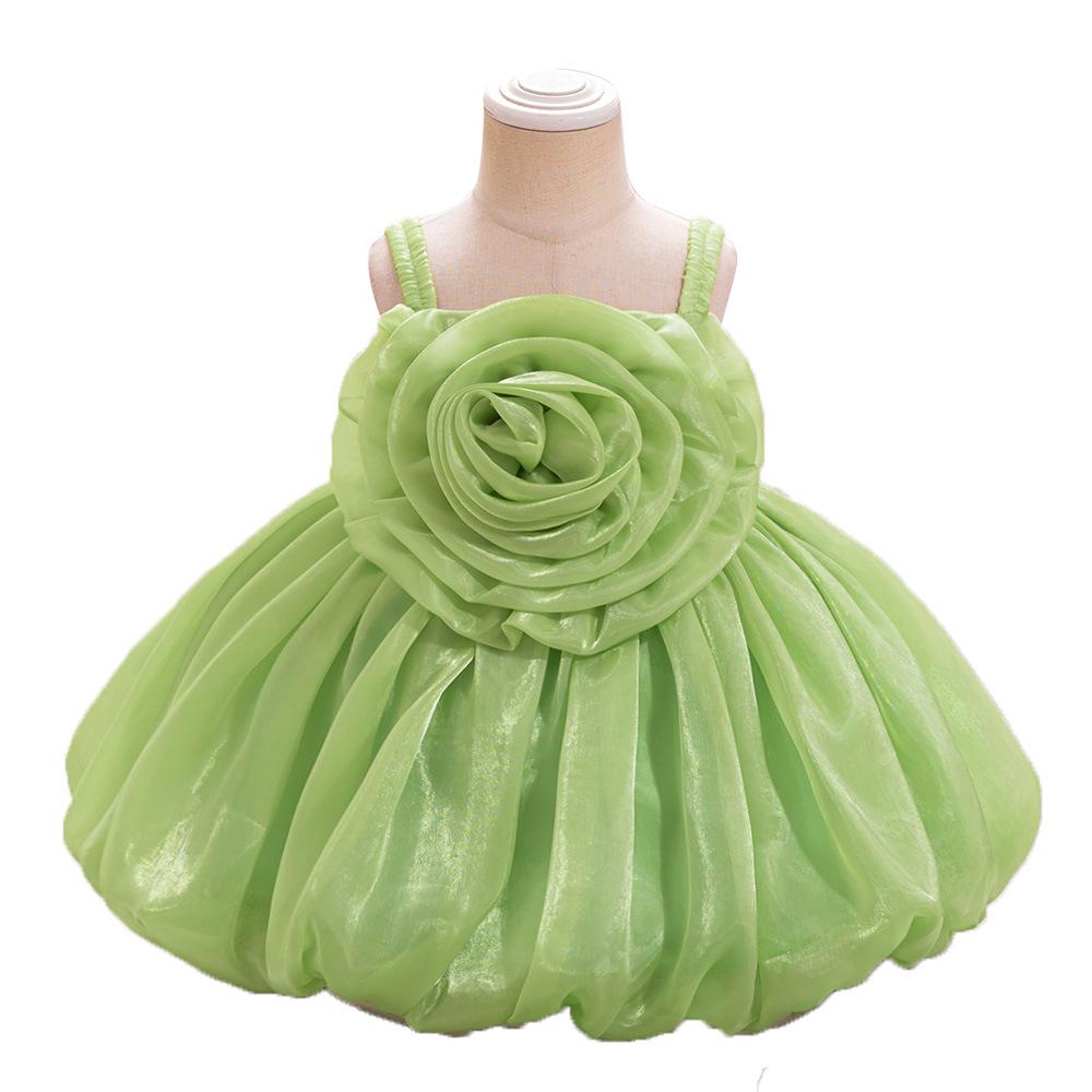Toddler Princess Dress with 3D Rose Flowers and Shiny Satin Puff Sleeves