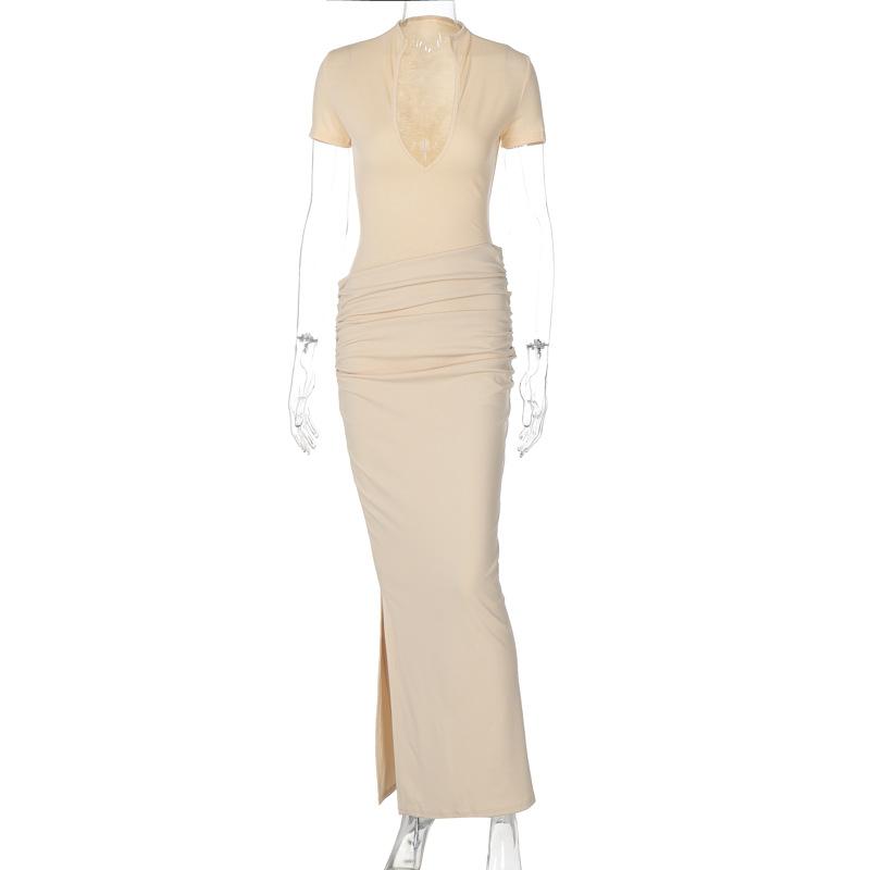 

QICED Весеннее женское сексуальное плиссированное длинное платье в стиле Spice Girl с короткими рукавами и глубоким V-образным вырезом L абрикосовый