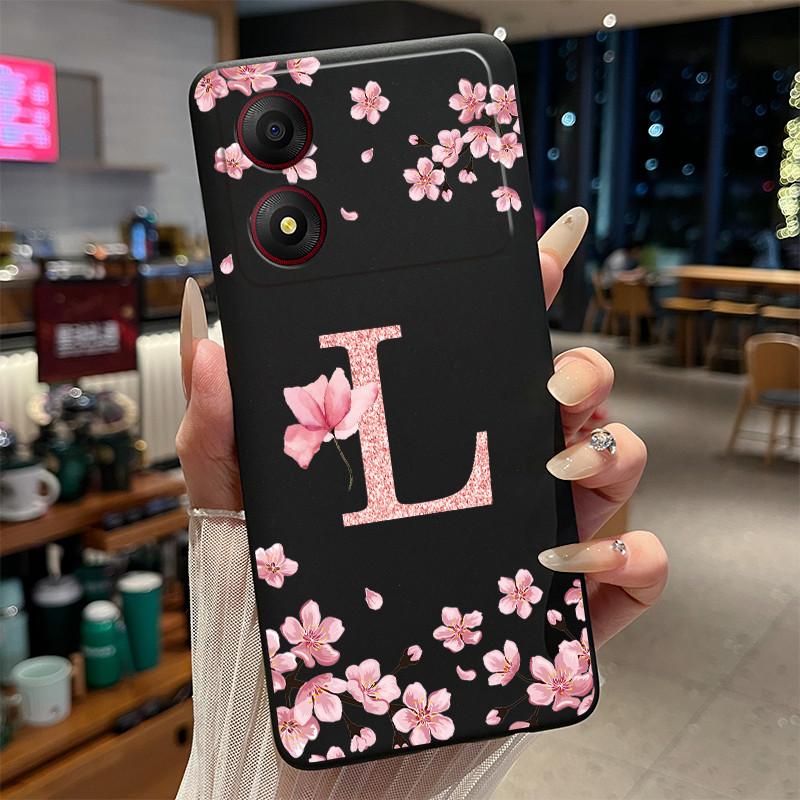 Black Case For ZTE Blade A34 4G Funda Beautiful Flower Printing Initial Letters Phone Casing Soft Silicone Protective Back Cover
