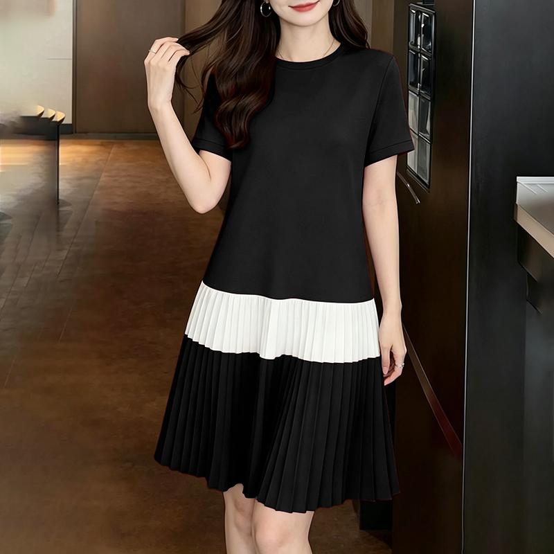ZANZEA Women Casual Round Neck Short Sleeve Pleated Hem Summer Dress S чёрный