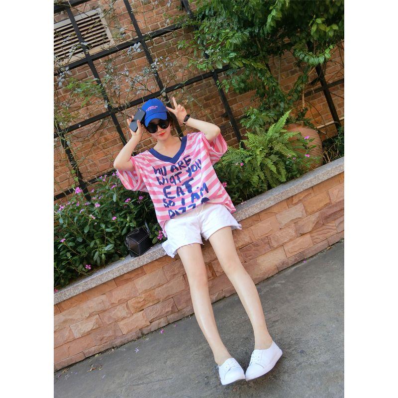 

Cool Contrast Color Striped Loose Top T-shirt with Short Sleeves Pink All yards