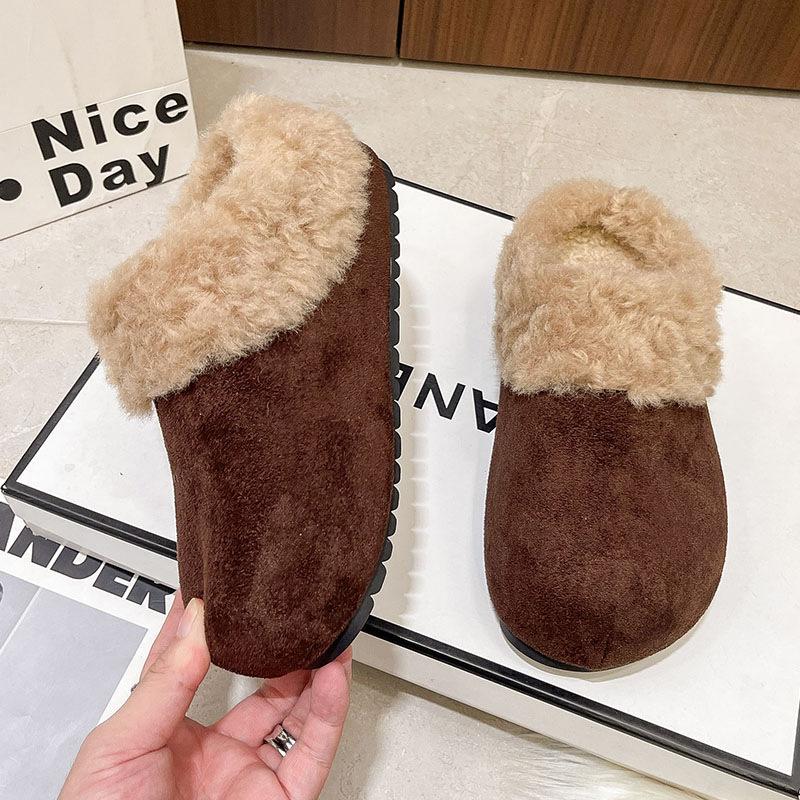 Autumn and Winter Wear Retro Bag Head Half Slippers Women's Thick Bottom Warm Plush Cotton Slippers