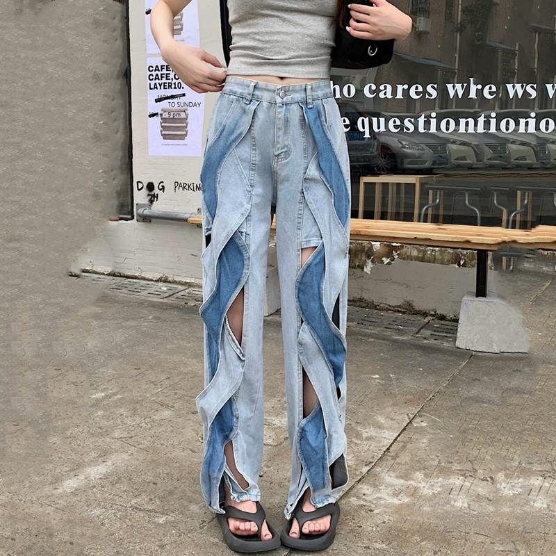 Plus Size Vintage Hole High Waist Casual Loose Women Spring Summer Autumn Jeans Denim Wide Leg Pants