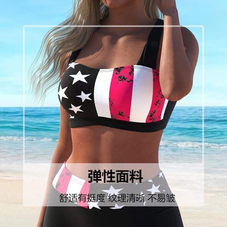 European and American large-size printed flat-angle split swimsuit women's belly cover conservative sports vest two-piece swimsuit