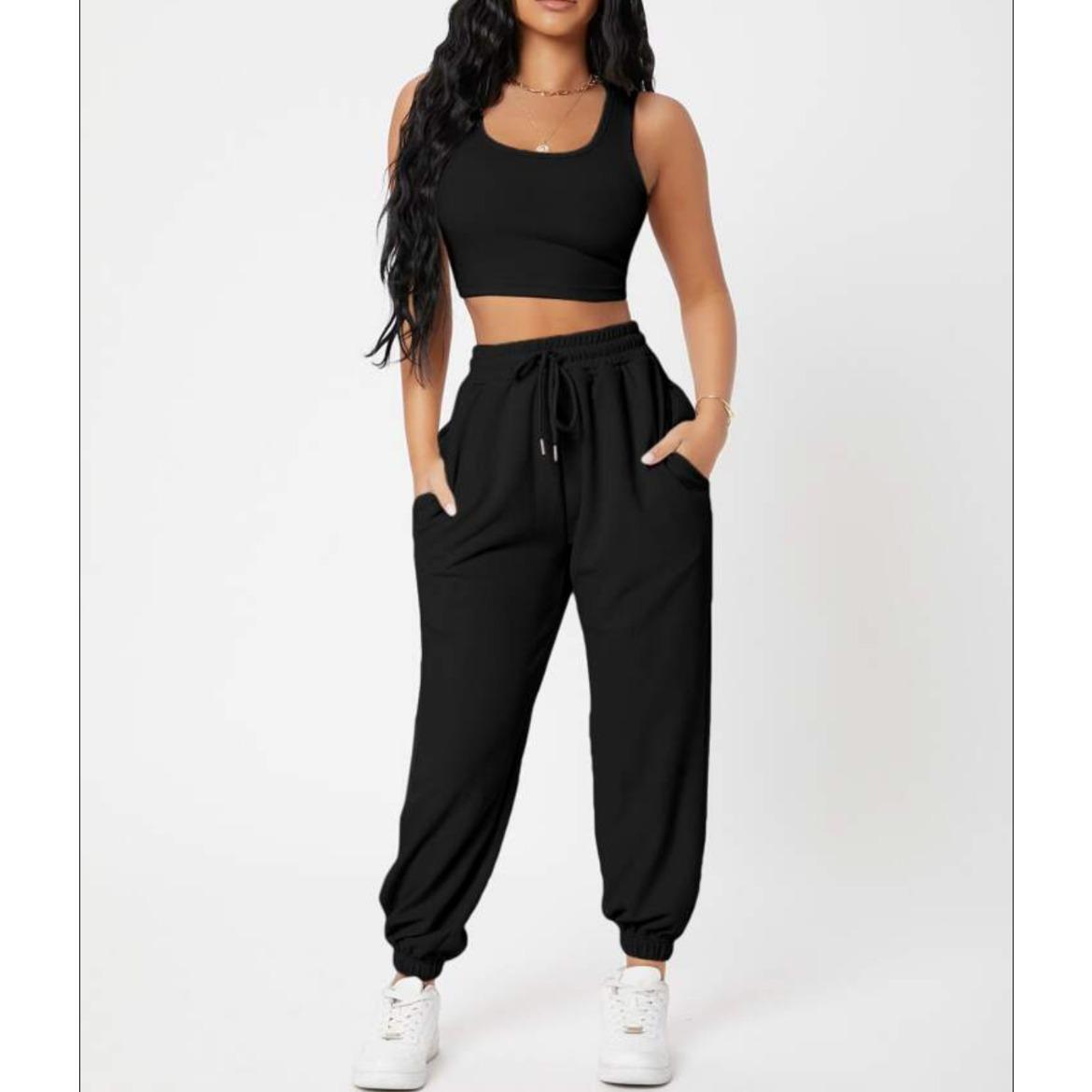 

GMXIA Весенний однотонный жилет с круглым вырезом, женский модный повседневный комплект с длинными брюками с высокой талией XXXL чёрный