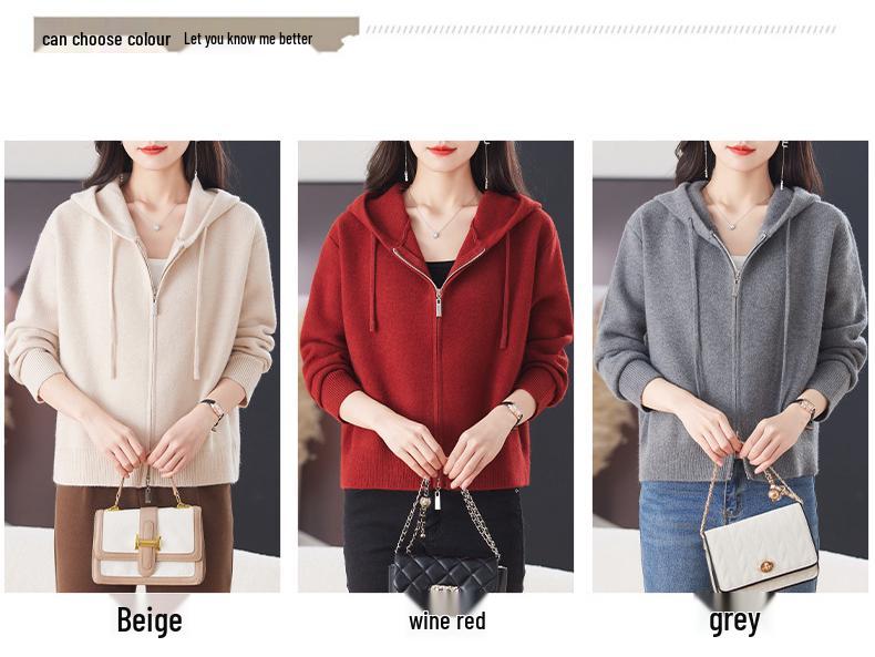 2025 Spring/Autumn Red Hooded Short Jacket for Middle-Aged Women - Petite Knitted Cardigan