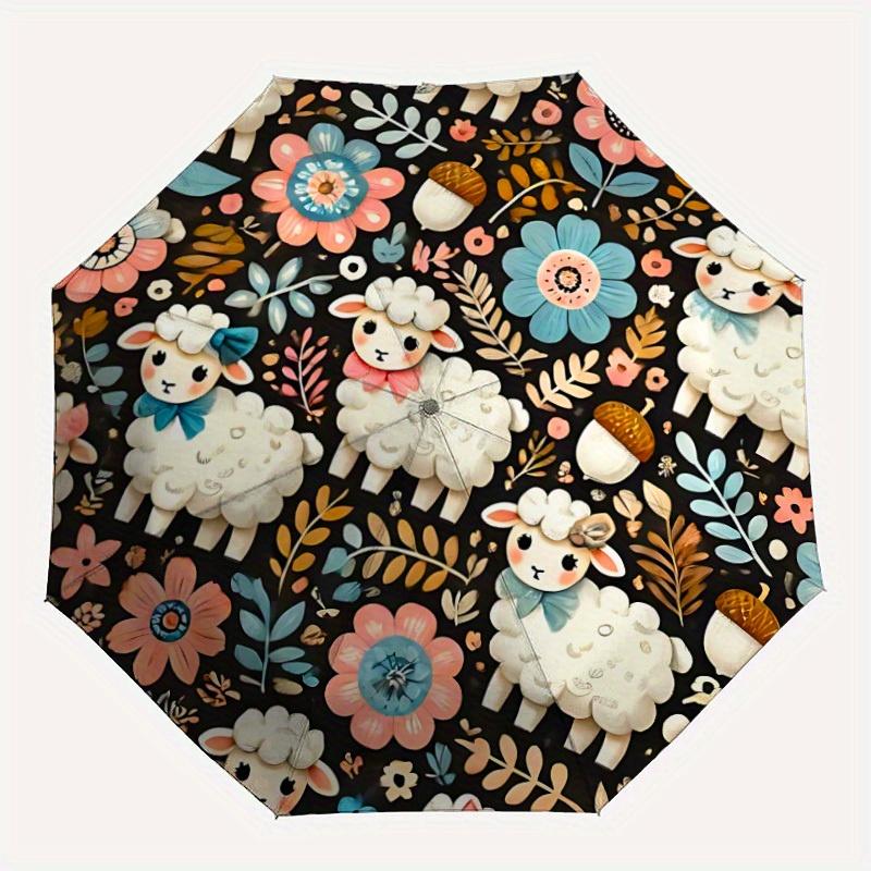 

1pc Sheep Floral Pattern Automatic Opening/Closing Folding Umbrella with 21 Ribs, Plastic Handle, Windproof Portable Sunshade Umbrella Hallo