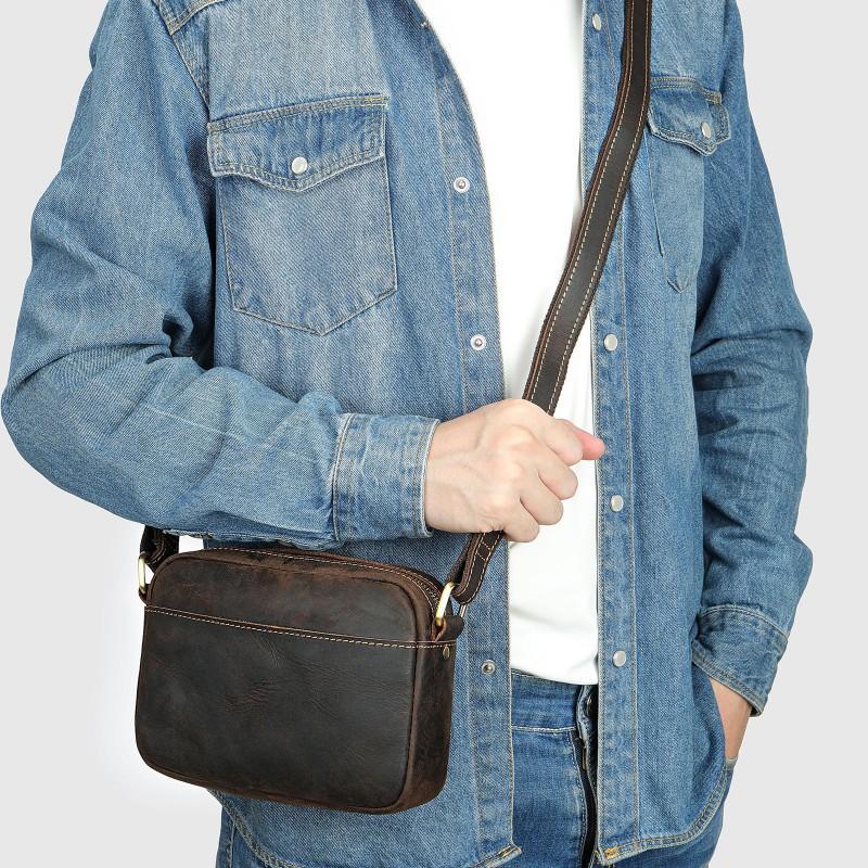Мужская однолямочная сумка через плечо Handbag из кожи Crazy Horse, ручная сумка, натуральная кожа, большая вместимость, ручка, однолямочная 20x15x5cm