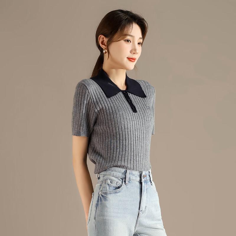 RAIN.CUN Women's Letter Embroidered Contrast Polo Collar Knit T-shirt