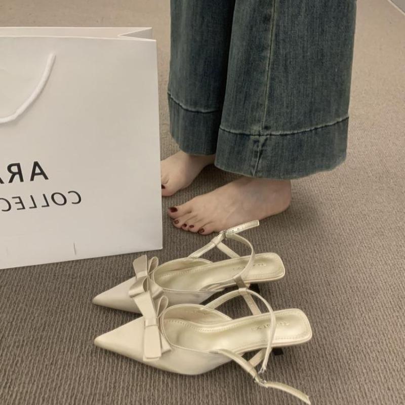 Hot Selling Women's High Heel Sandals 2025 Pointed Toe Slip-On Butterfly Knot Thin Strap Buckle Leather Fashionable Outdoor Wear