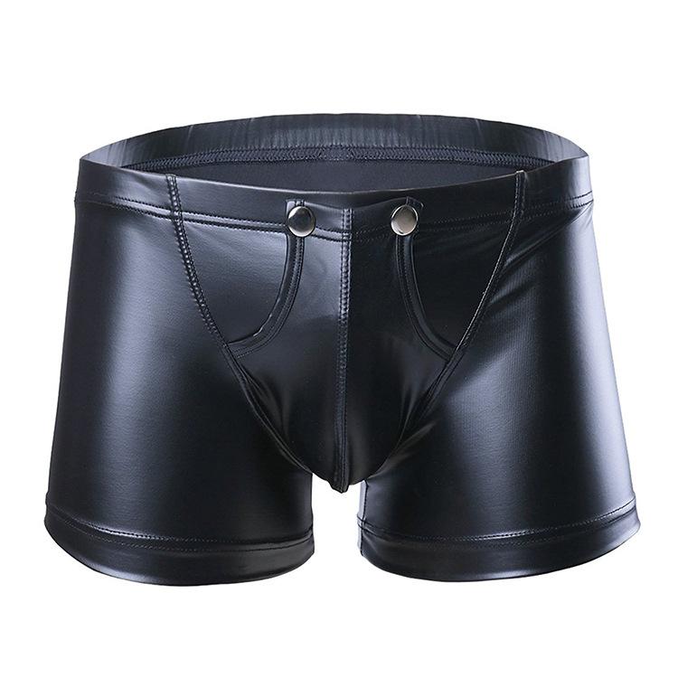 Men Sexy Patent Leather Low Rise Boxer Briefs, Faux Leather U Convex Button Detachable Underwear