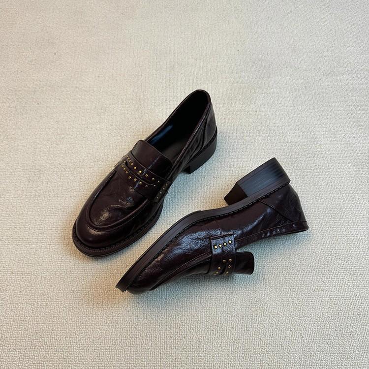 Soft Leather Version~ Versatile Commuting Retro Light Mouth Round Head Thick Heel Loafers Casual One-pedal Small Leather Shoes Women's Single Shoes