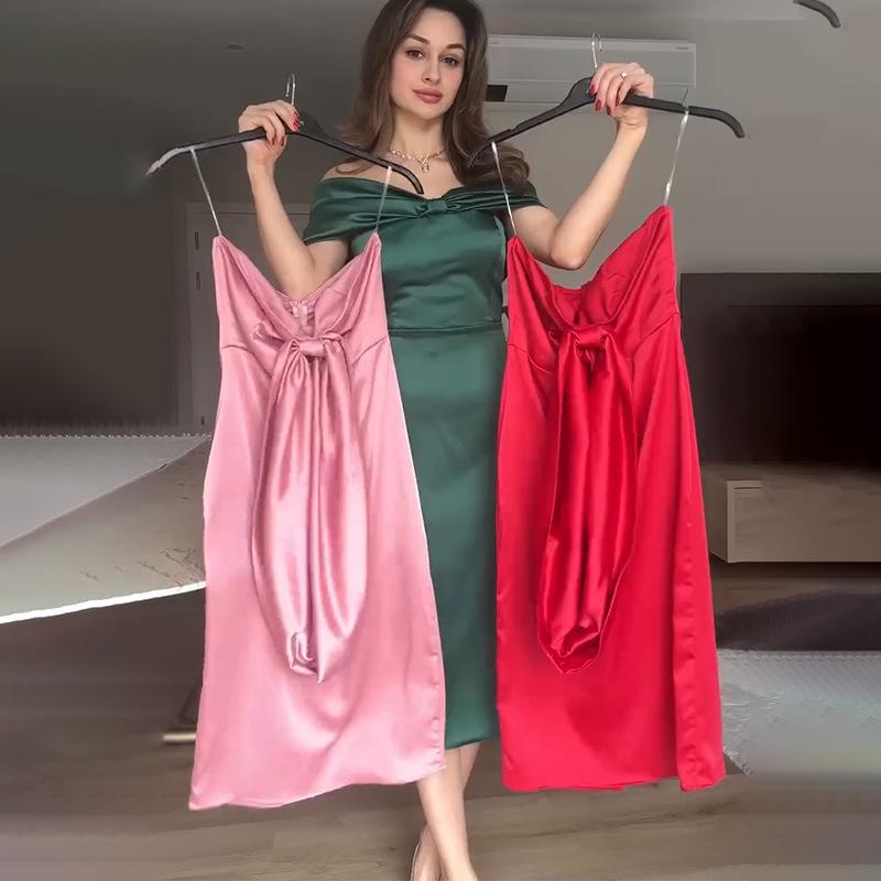

2025 European and American Solid Color Sleeveless One-Shoulder Tie-Up Bodycon Midi Dress L червоний
