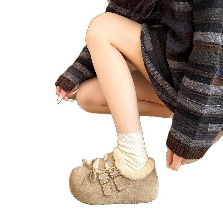 Plush Thick-soled Birkenstock Fluffy Shoes, New Soft-soled Plush Cotton Shoes, Winter Bow Fluffy Snow Boots