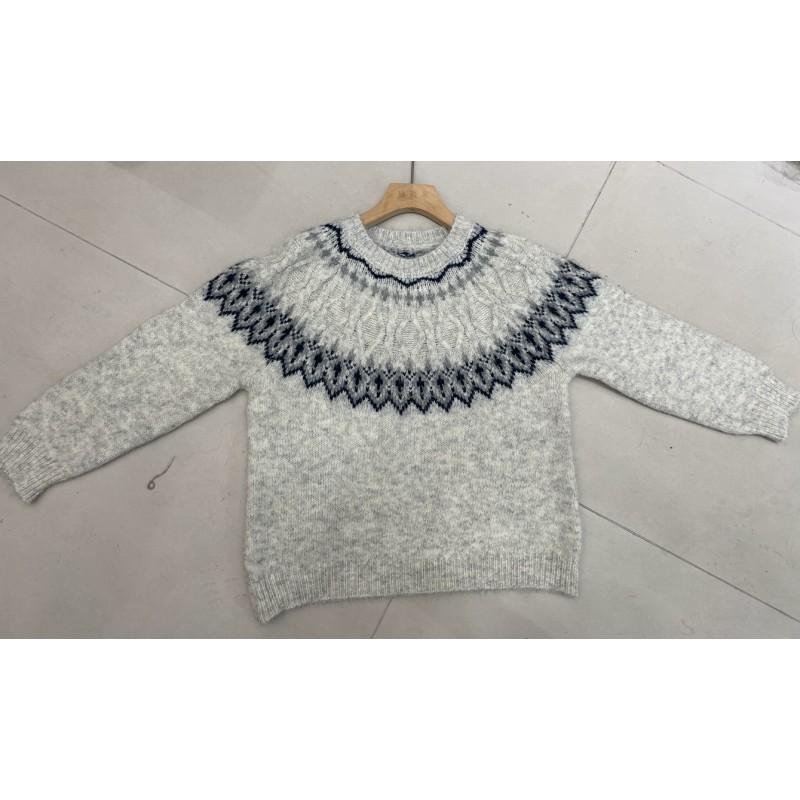 Womens Oversized Crewneck Knit Sweater With Fair Isle Colorblock Soft Acrylic Blend Loose Fit Winter