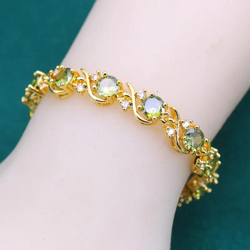 Elegant Vintage-Inspired  Golden Plated Bracelet With Olive Green Zirconia For Women Jewelry, Ideal For Valentine'S Day