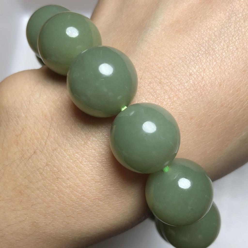 16MM Natural Light Green Hetian Jade Chalcedony Beaded Bracelet Unisex Women Chinese Gemstone Jewelry Gift
