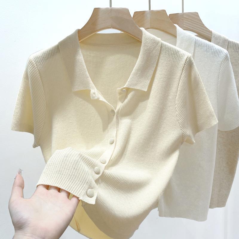 Women's Thin Polo Neck Knitted T-shirt Summer Solid Color Versatile Short Cardigan Top