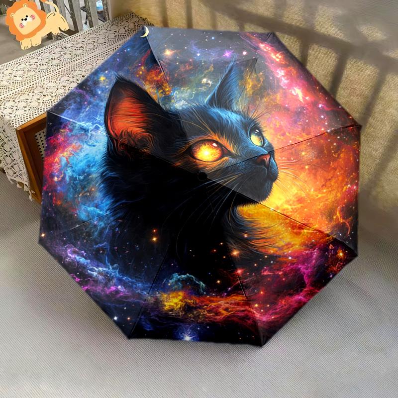 1 PC Automatic Folding Umbrella - Cosmic Cat Pattern, Portable & Foldable Design with 8 Ribs, Christmas Birthday Gifts