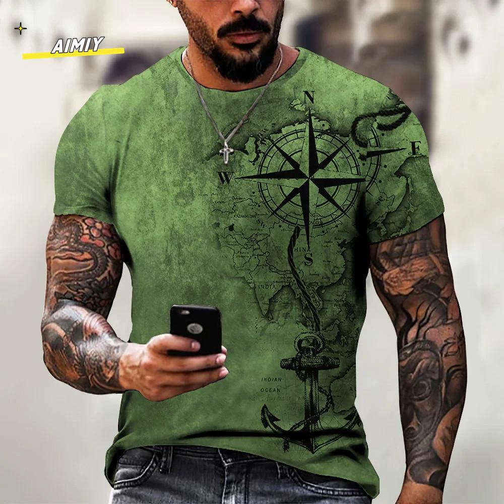 Vintage Summer Compass Pattern 3D Printed Short-sleeve Men's T-shirts Loose Daily Men Clothing Casual Streetwear