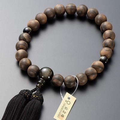 Buddhist Altar Shop Takita Shoten Kyoto Buddhist Prayer Beads for Men, Striped Ebony (Unglazed) with Gold Obsidian Finish, 22 Beads, Silk Tassel,