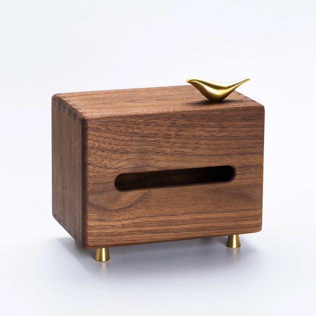 Walnut Tissue Box Cover Bird Ornament Gilded Highlight