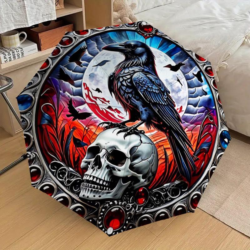 1pc Raven Moonlit Skull Artwork Umbrella with Plastic Handle,Suitable for All Seasons Home Travel Outdoor UmbrellaDD1420