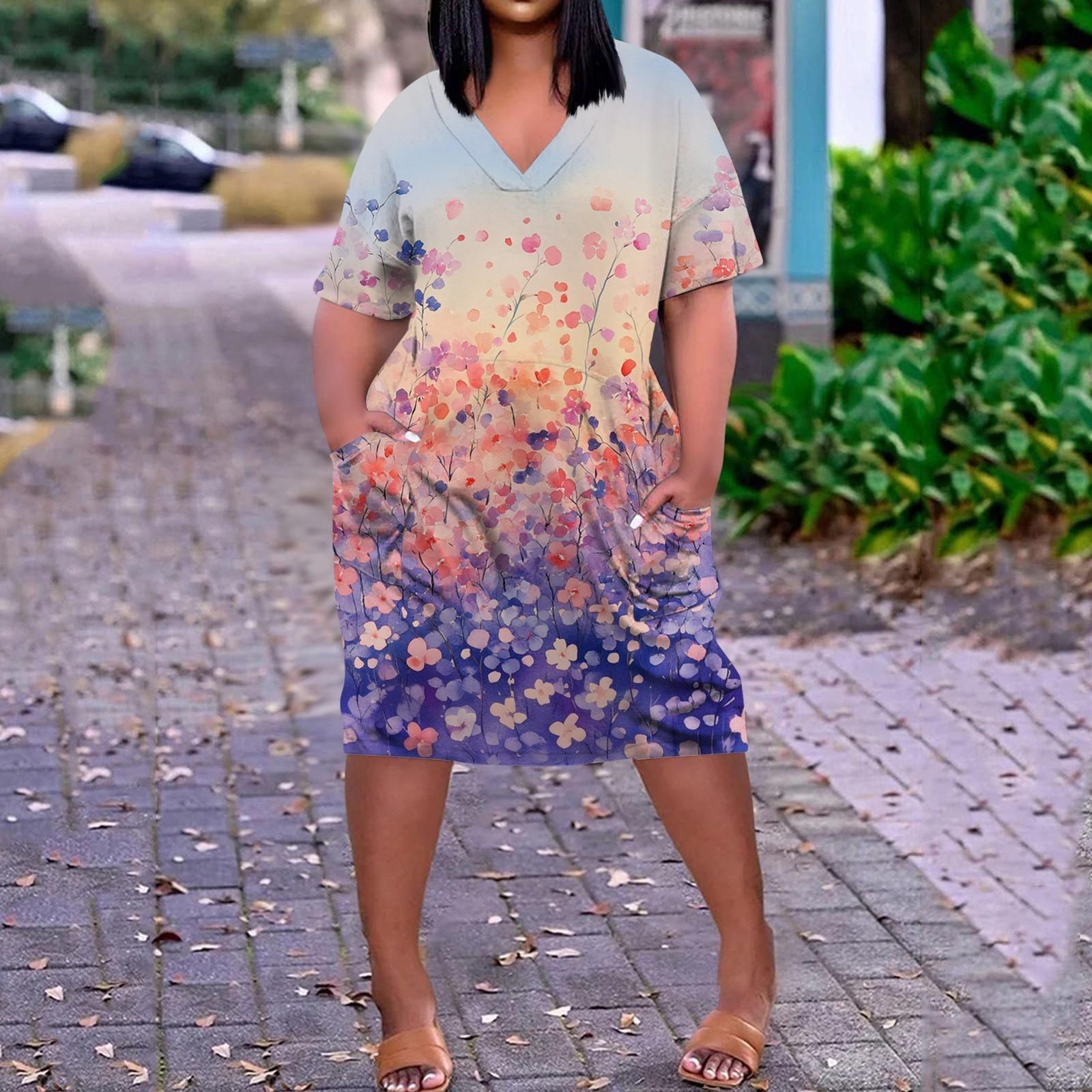 

Летнее повседневное платье больших размеров с V-образным вырезом и коротким рукавом, карманом на колене для женщин XL