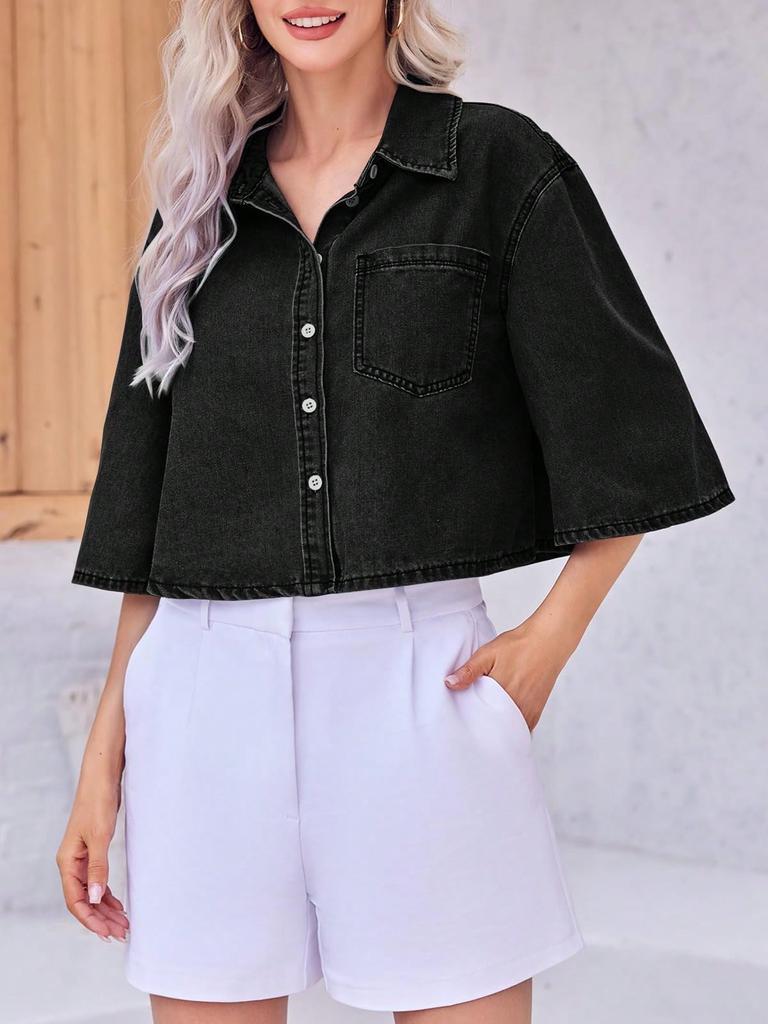 Womens Cropped Denim Shirt Jacket Half Sleeve Button Down Jean Jacket