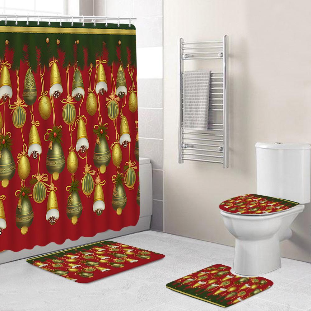 Christmas Toilet Cover Shower Curtain Floor Mat Set Santa Carpet Door Mat Foot Mat Non-Slip Mat