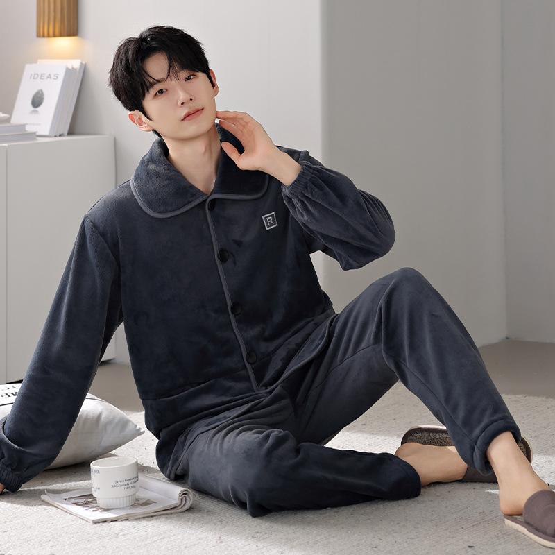 Winter Coral Fleece Pajamas Couple Men And Women Long-Sleeved Cardigan Fleece Thickened Flannel Thermal Loungewear Set