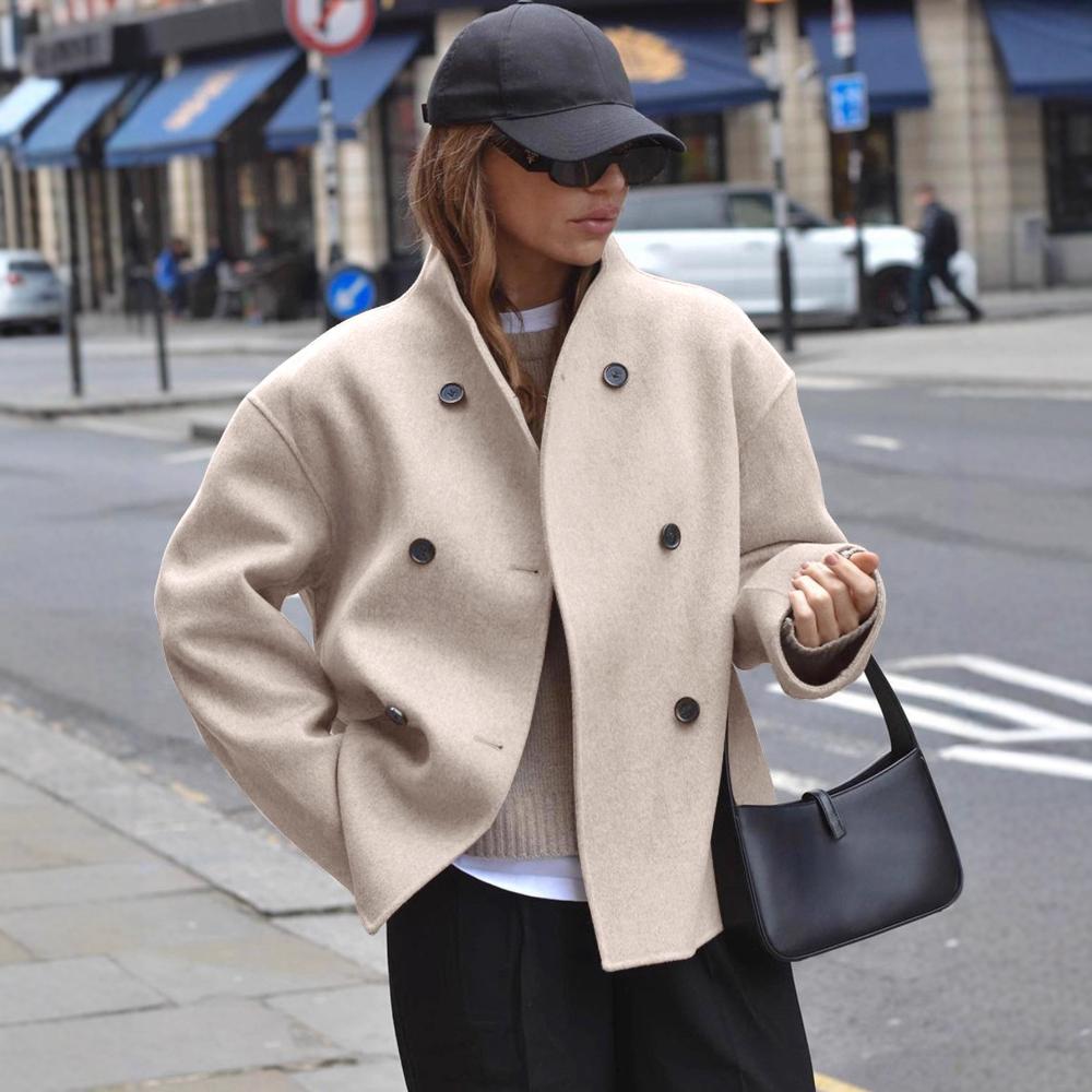 Dámský dvouřadý vlněný kabát jednobarevný ležérní elegantní britský styl všestranný top pro ženy