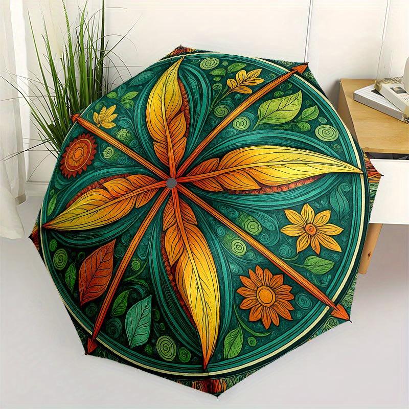 Nature s Harmony: Vibrant Circular Artwork with Leaves and Flowers Umbrella, Cute Umbrella with Cute Design, Portable 3-Fold Compact Umbrella for Men