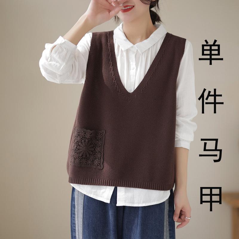 Spring and Autumn Women's Knitted Vest V-neck Solid Color Ethnic Style Lace Sweater Women