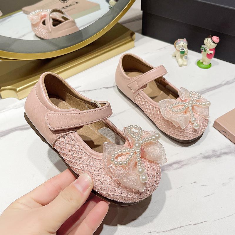 Kids' Princess Bow Shoes - Soft Sole, Pearl Accent, Spring/Autumn Style