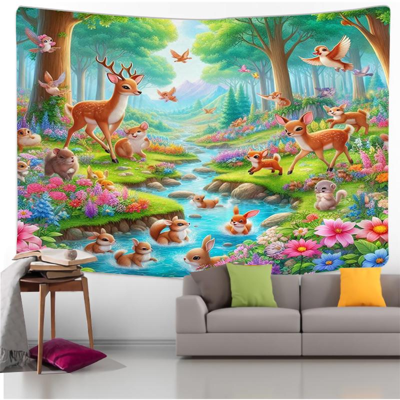 Nature Landscape Wall Tapestry Waterfall And Deer Art Sunny Forest Design Boho Decor For Living Room And Bedroom