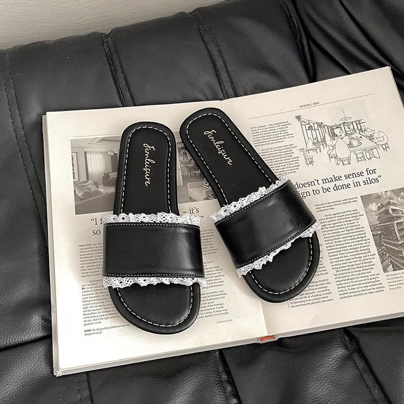 French Beautiful Lace Edge Slippers Women's 2025 Summer New Wear Beach Sandals Non-slip Home Slippers