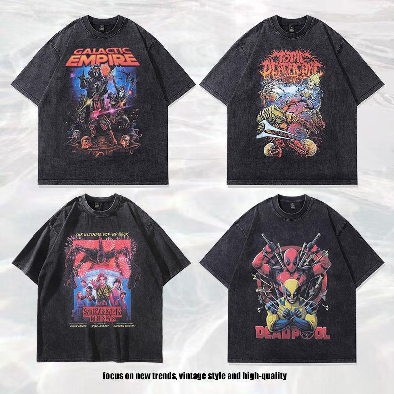 European, American High Street Washed Retro Old Short-Sleeved T-Shirt Couple Animation Direct Injection Printing Loose Bottoming Shirt Men