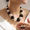 European & American Two-Piece Jewelry Set: Bold Large Pearl Necklace & Earrings In Black and White
